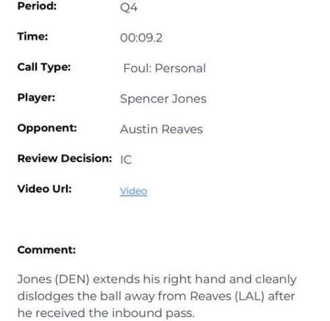 掘金输得太冤？裁判报告显示湖人获利：关键错判送里夫斯两次罚球